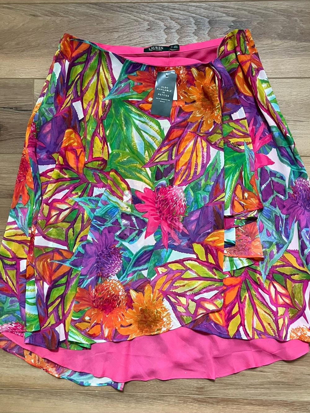 NWT Lauren Ralph Lauren bright tropical floral wrap A-line skirt size 16